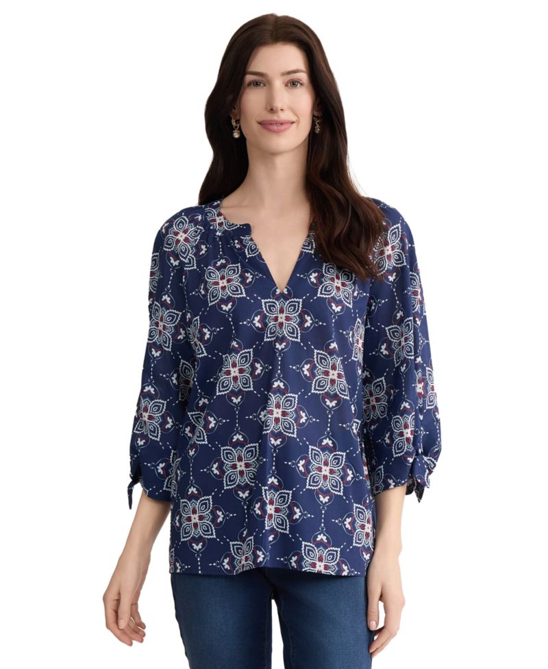 Women's Raglan Sleeve V-Neck Printed Cotton Blouse