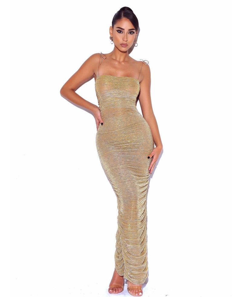Women The Glint Gold Ruched Chiffon Long Maxi Dress