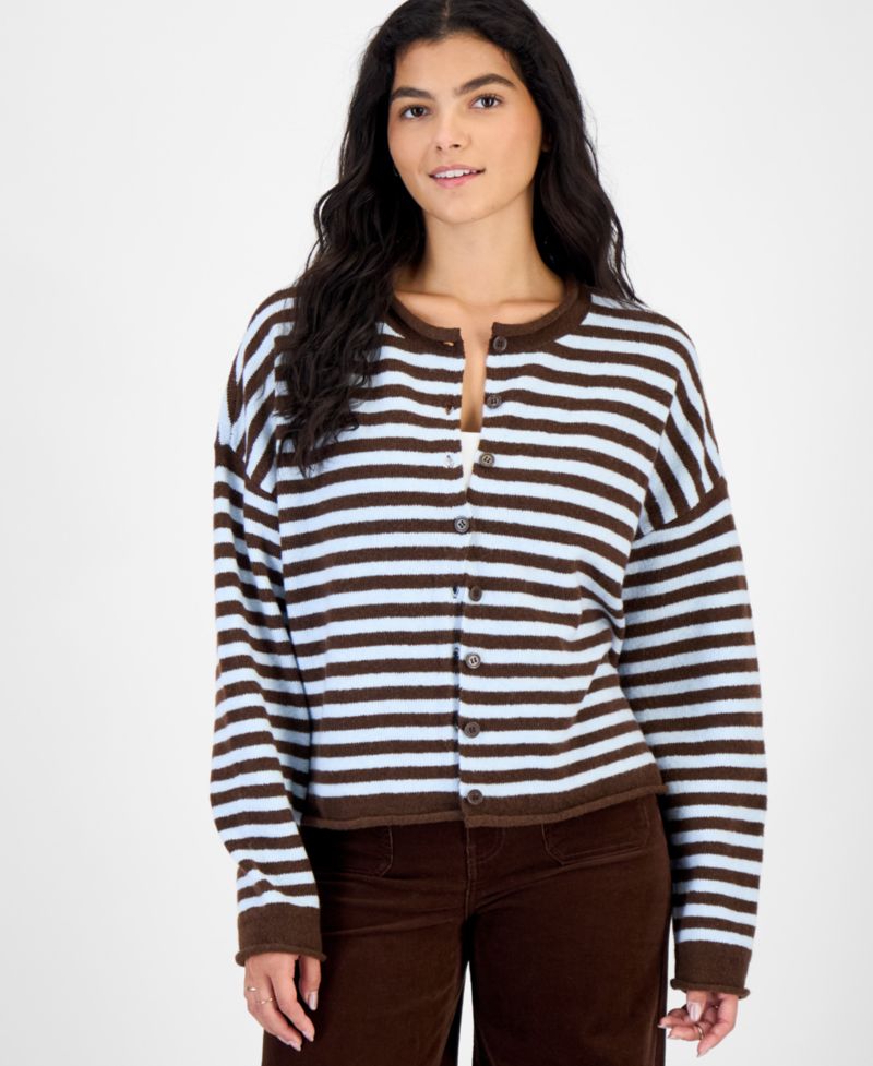 Juniors' Oversized Rollneck Striped Cardigan