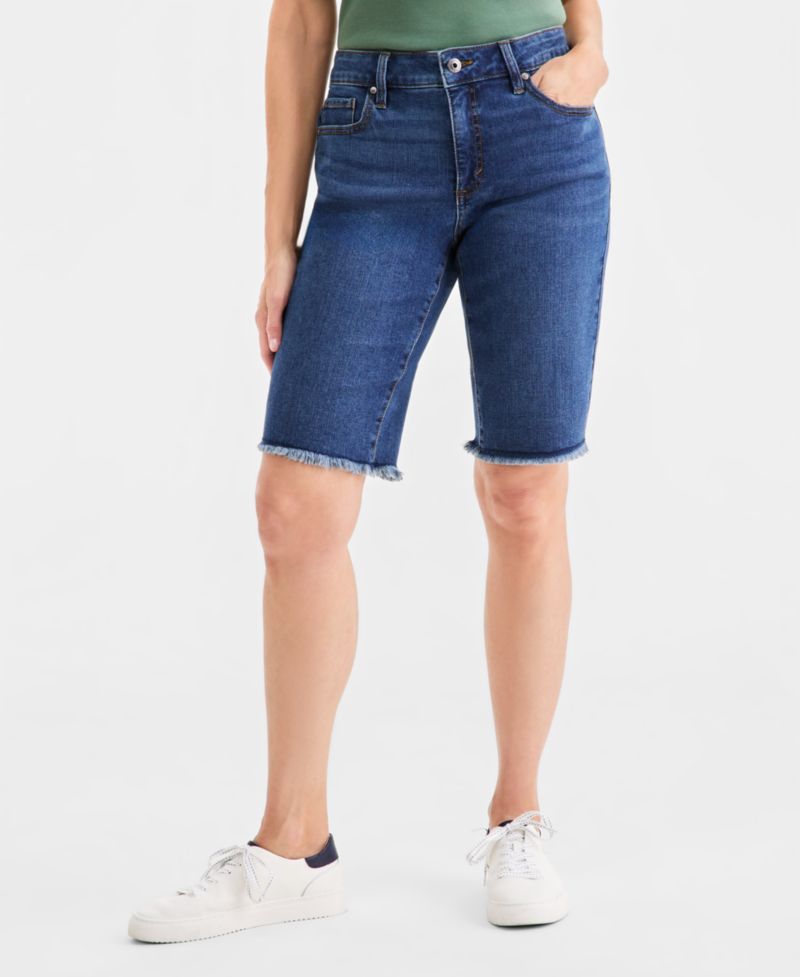 Women's Mid-Rise Raw-Edge Bermuda Jean Shorts