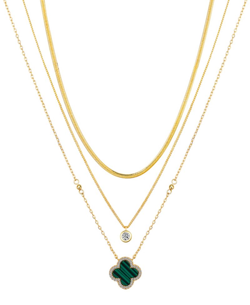 Malachite Clover and Cubic Zirconia Bezel Layered Necklace Set