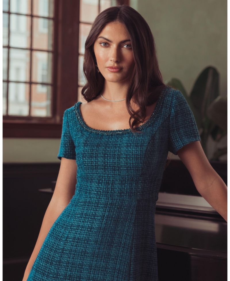 Petite Embellished Boucl&eacute; Short Sleeve Midi Dress