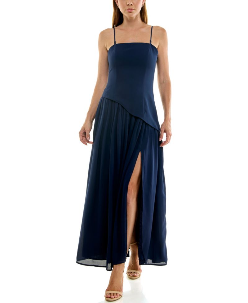 Juniors' Strapless Asymmetrical Corset-Inspired Chiffon Gown