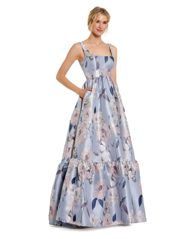 Women's Floral Brocade Scoop Neck Sleeveless A-Line Gown