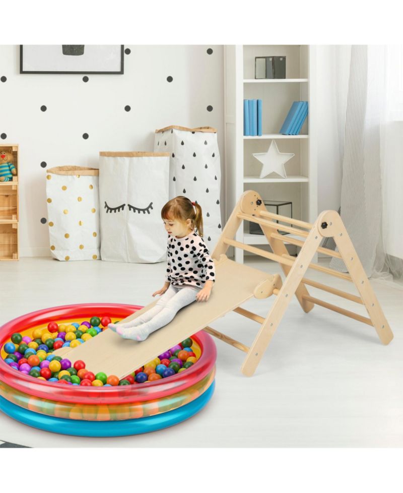 3-in-1 Climbing Set Foldable and Adjustable Kids Triangle Set-Natural