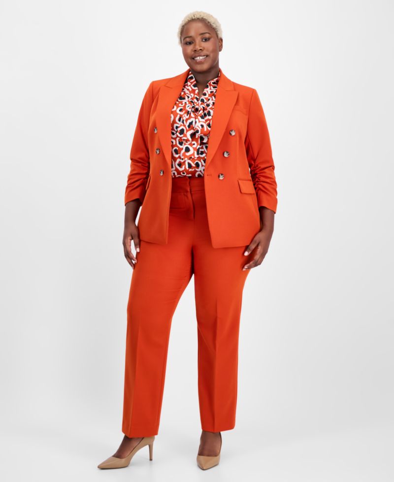 ASL Plus Size Double-Breasted Ruched-Sleeve Blazer