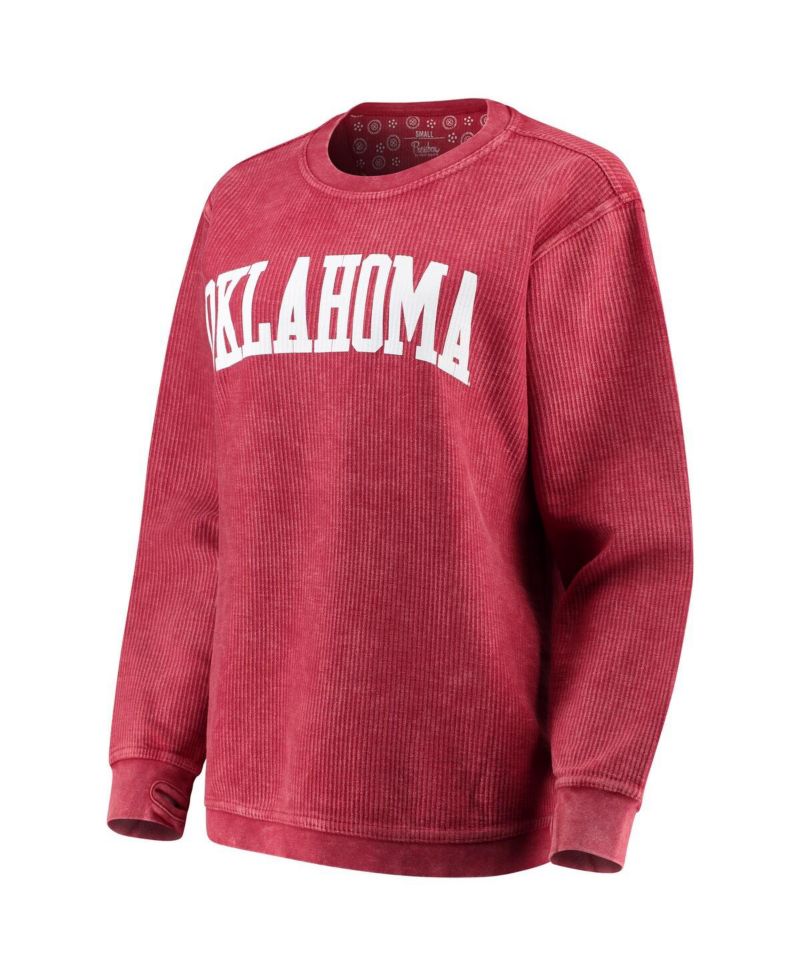 Women's Crimson Oklahoma Sooners Comfy Cord Vintage-Like Wash Basic Arch Pullover Sweatshirt