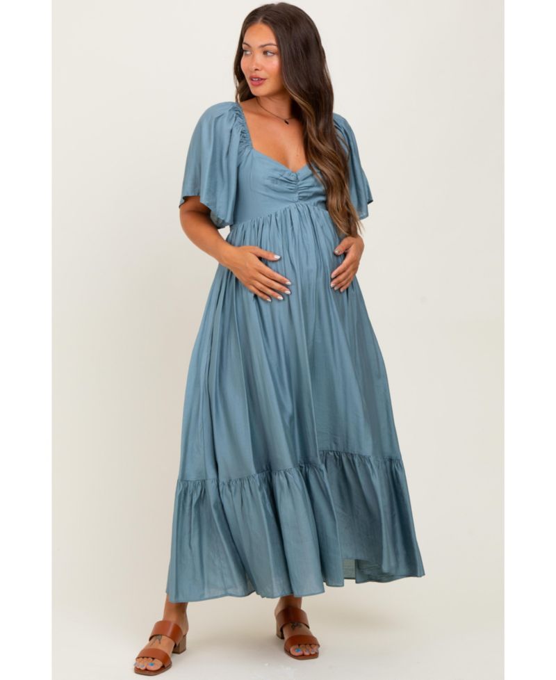 Women's Blue Flutter Sleeve Ruffle Hem Midi Dress