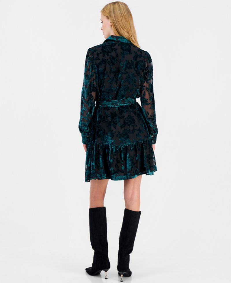 Women's Tiered Velvet-Burnout Floral Shirt Dress