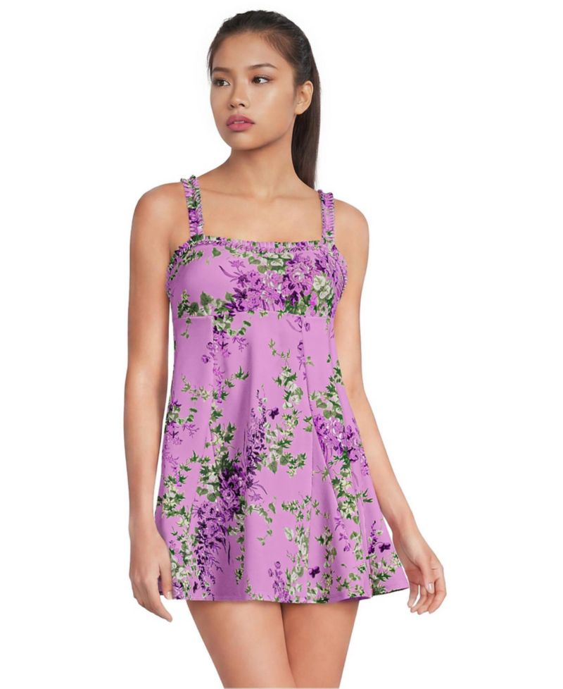 Women's Tugless Pleated Ruffle Swim Dress