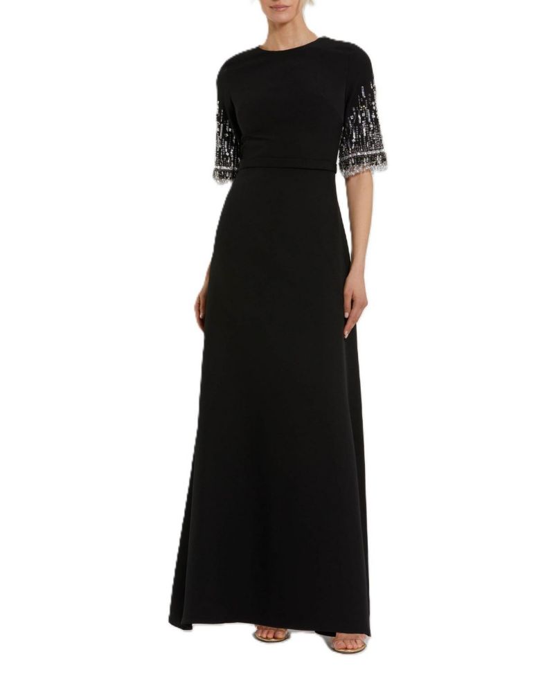 Women's Beaded 3/4 Sleeves Crepe A Line Gown