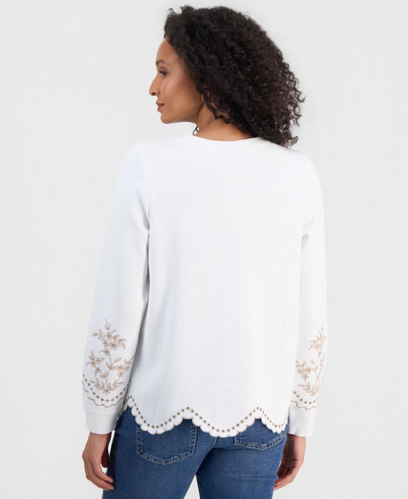 Petite Long-Sleeve Trim Eyelet Knit Crew Neck Top