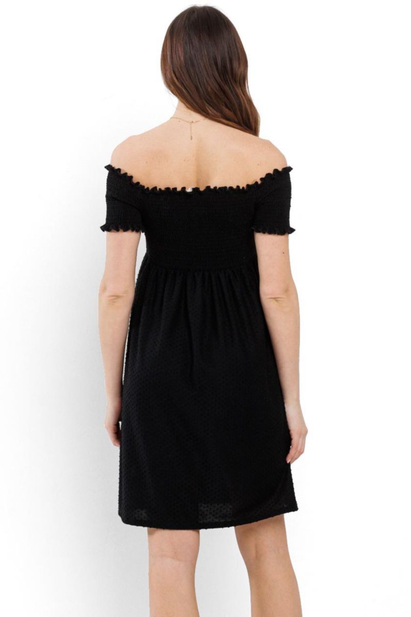 Women's Off-the-Shoulder Smocked Swiss Dot Dress with Pockets