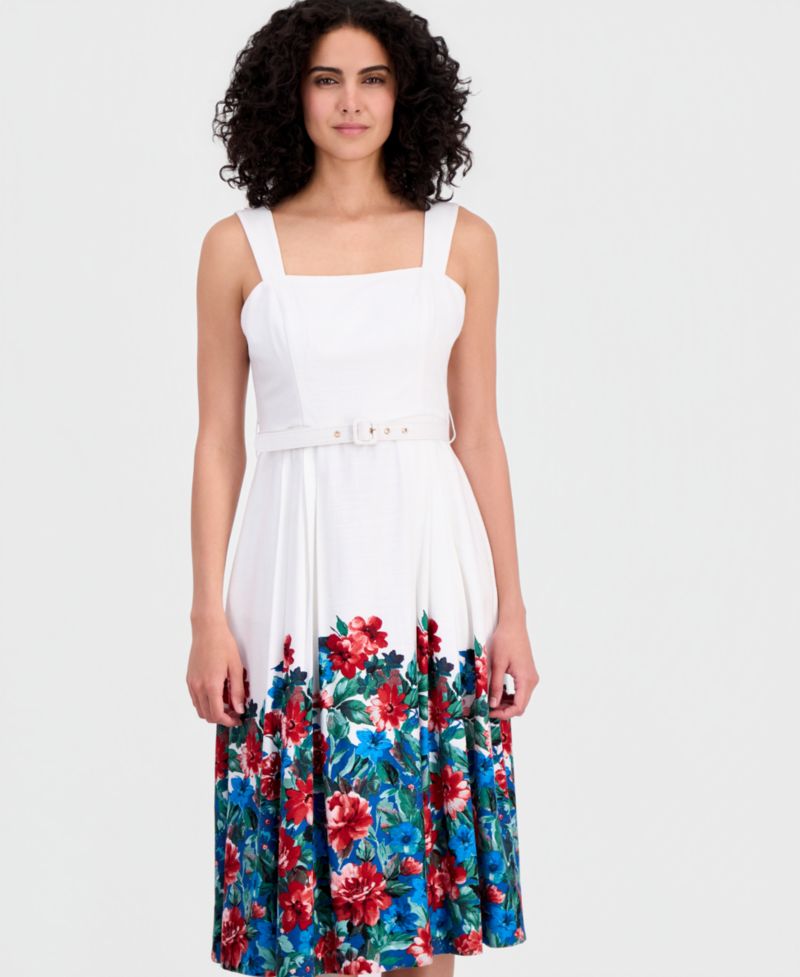 Petite Border Print Square Neck Midi Tank Dress
