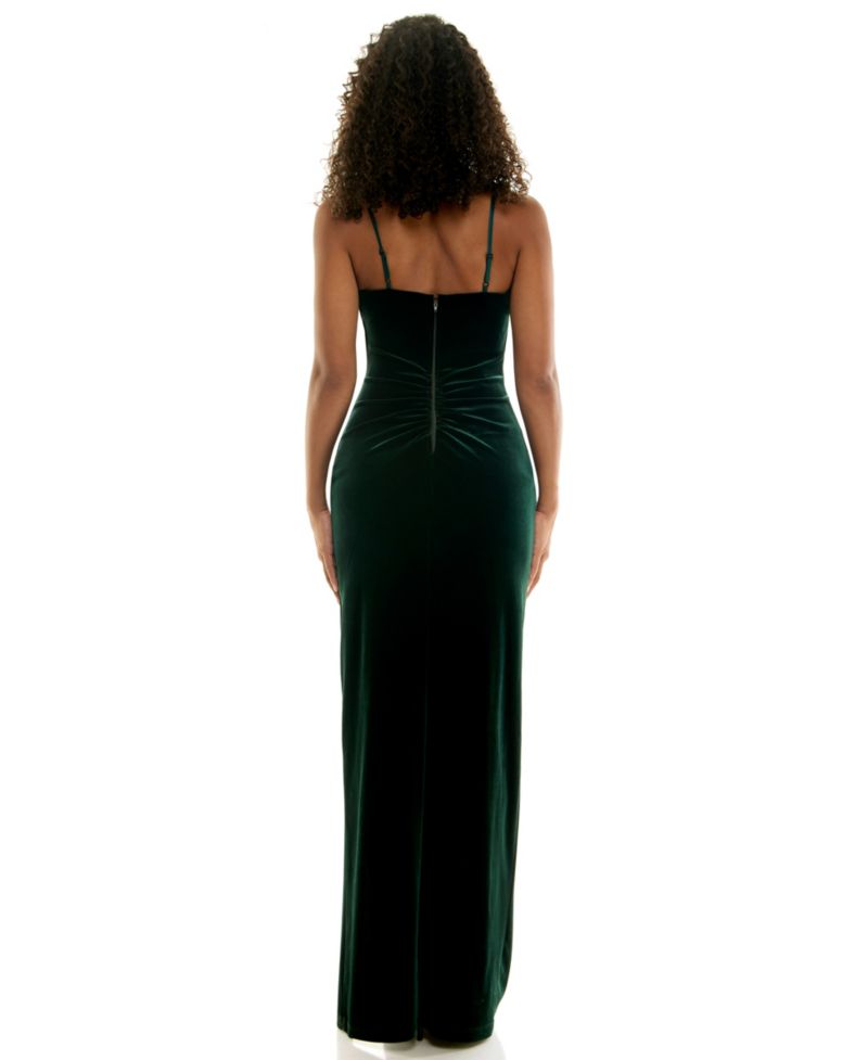 Juniors' Midnight Elegance Velvet V-Neck Side-Slit Gown