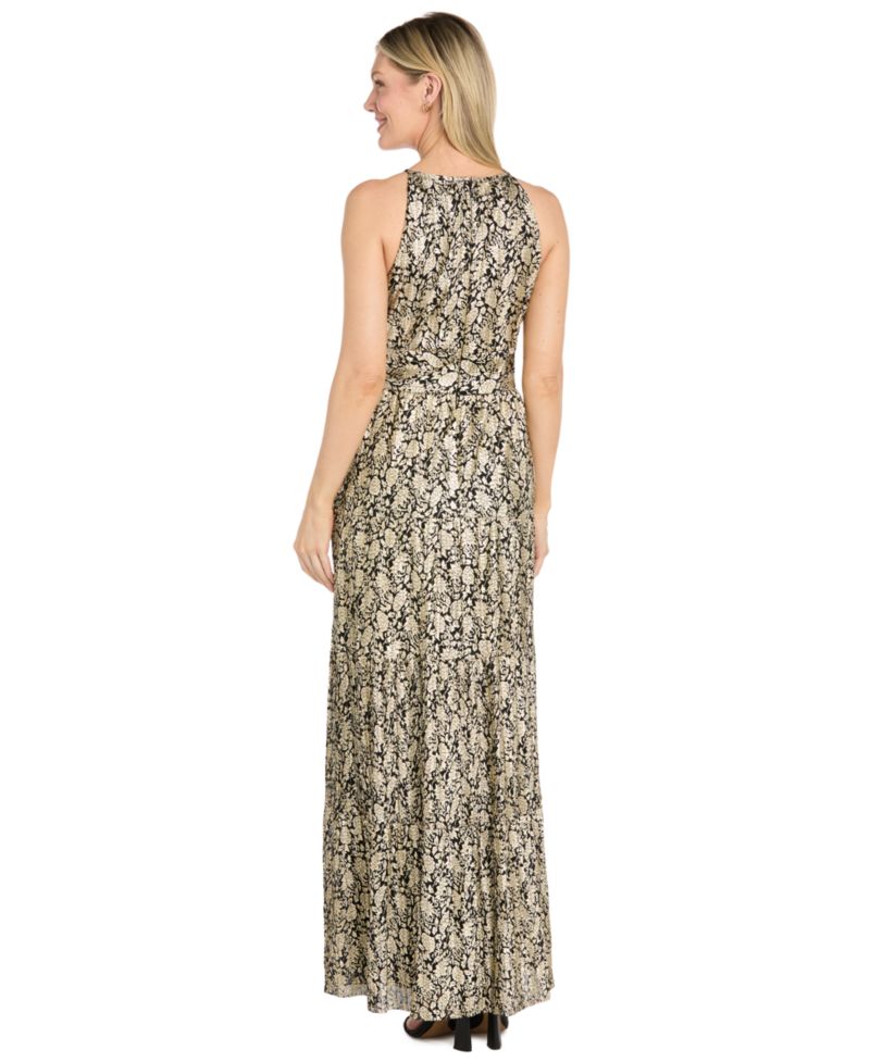 Petite Floral-Print Foil Halter Dress with Keyhole Neckline