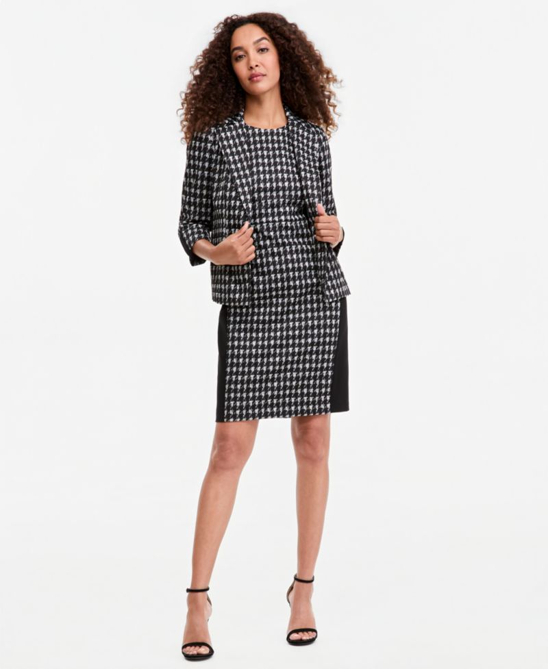 Women's Houndstooth 3/4-Sleeve Open-Front Blazer