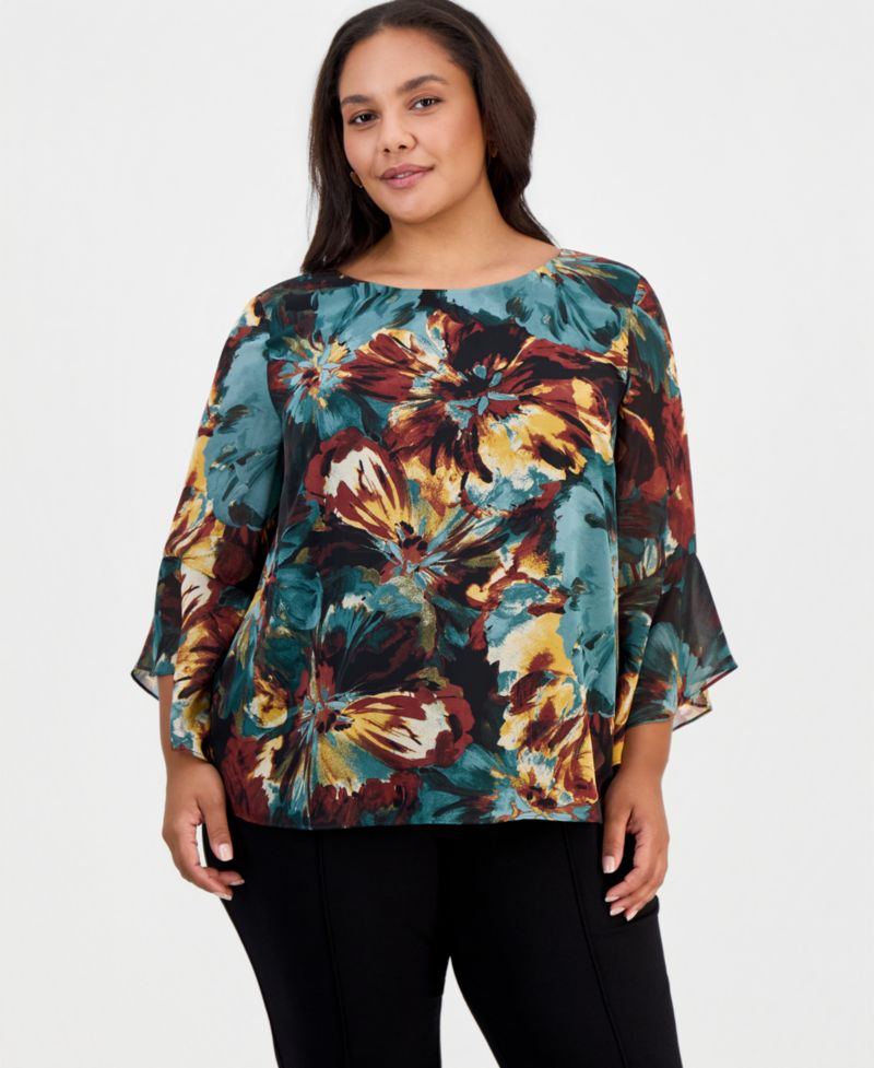 Plus Size 3/4-Sleeve Ruffled Floral-Print Blouse
