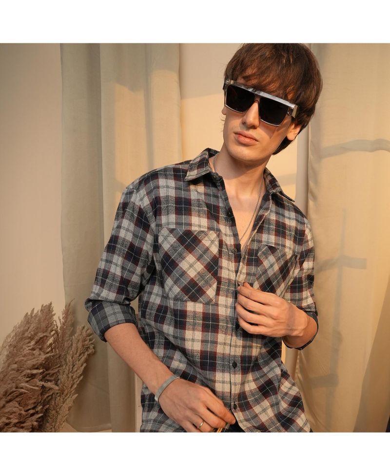Men's Navy Blue & Cloud Grey Tartan Plaid Shirt