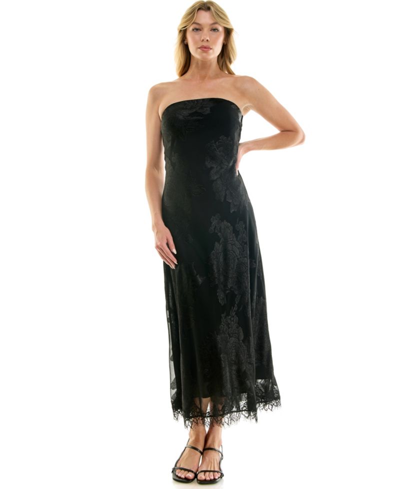 Juniors' Strapless Midi Lace-Trim Dress