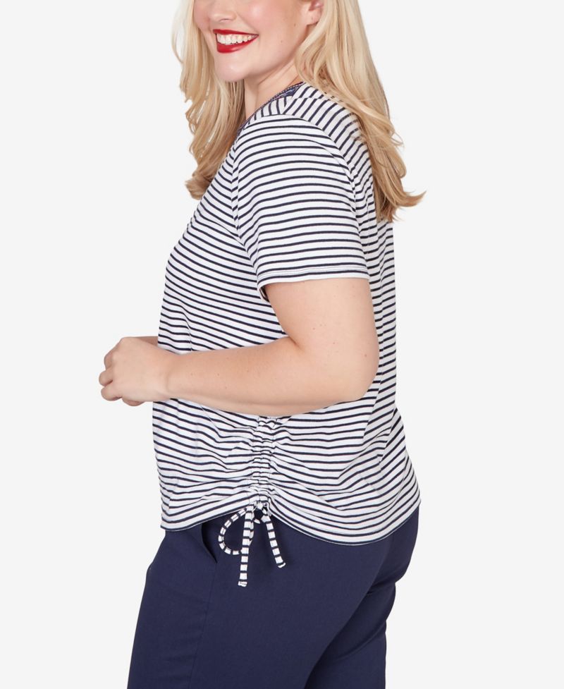 Petite Lady Liberty Embroidered Neck Striped Side-Tie Top