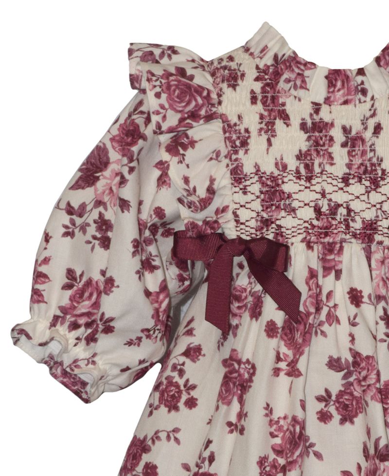 Baby Girls' Pinafore Floral Smocking Ruffle Neck Dress with Diaper Cover, 2-Piece Set