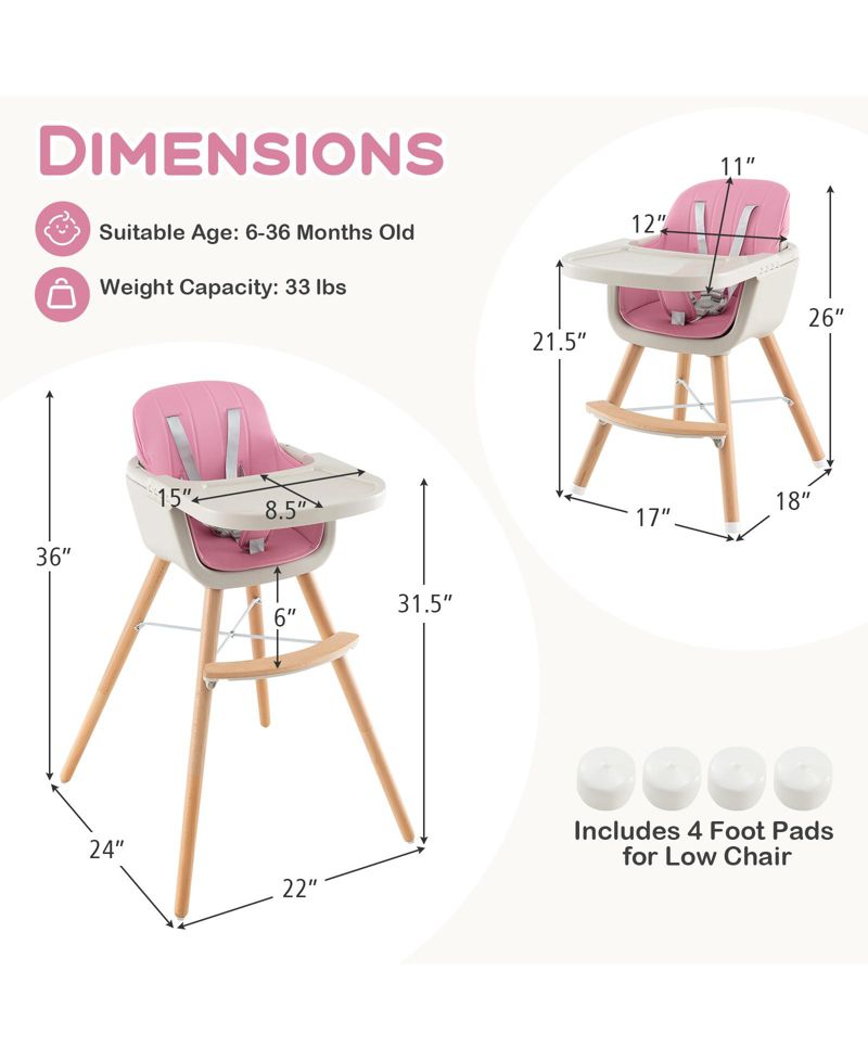 3-in-1 Convertible Wooden Baby High Chair with Cushion