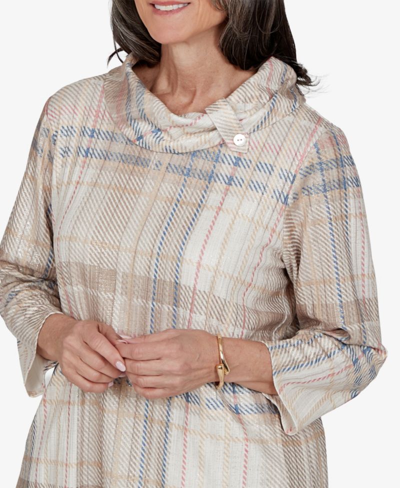 Petite Plaid Cowl Neck 3/4-Sleeve Tunic Top