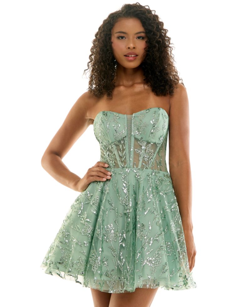 Juniors' Glitter Strapless Bustier Corset Fit & Flare Mini Dress