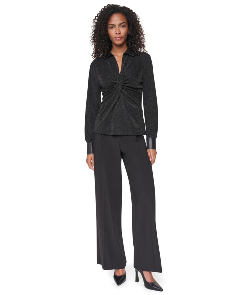 Women's Sparkle Knit Twist-Front Long-Sleeve Blouse