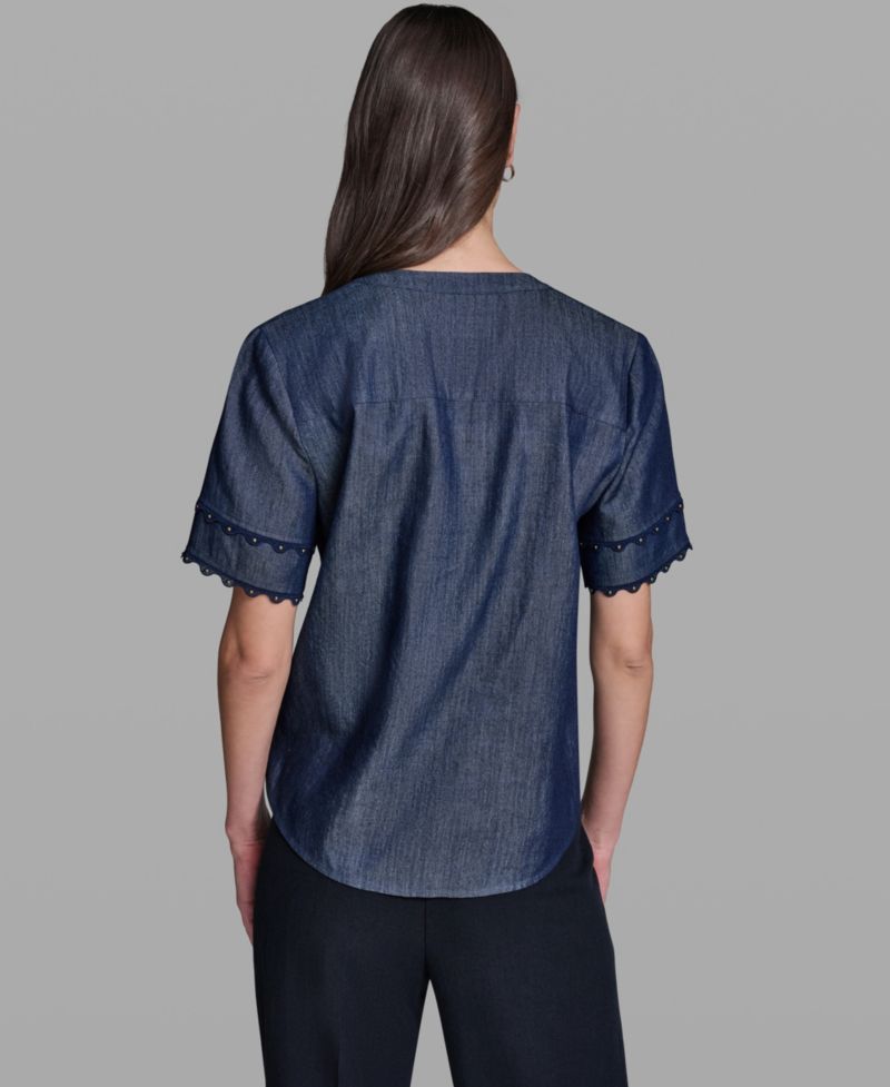Women's V-Neck Nailhead Trim Short-Sleeve Blouse