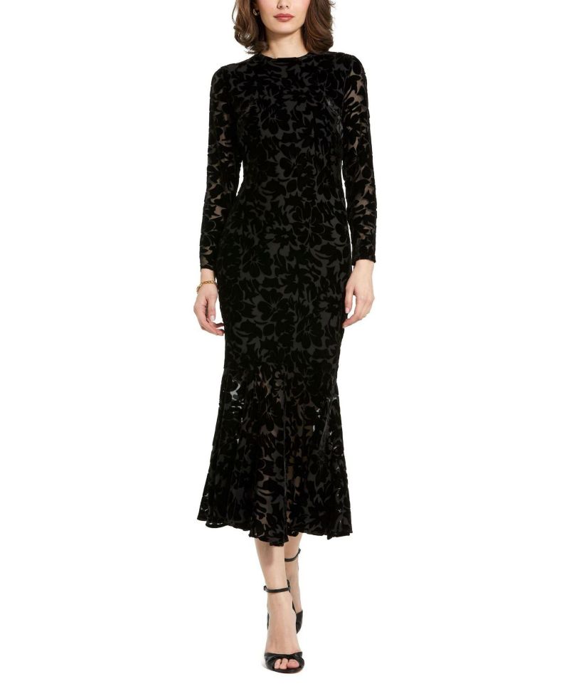 Women's Burnout Velvet Long Sleeve Ruffle Hem Midi Dress