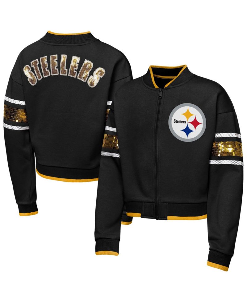 Big Girls Black Pittsburgh Steelers MVP Full-Zip Sequin Bomber Jacket