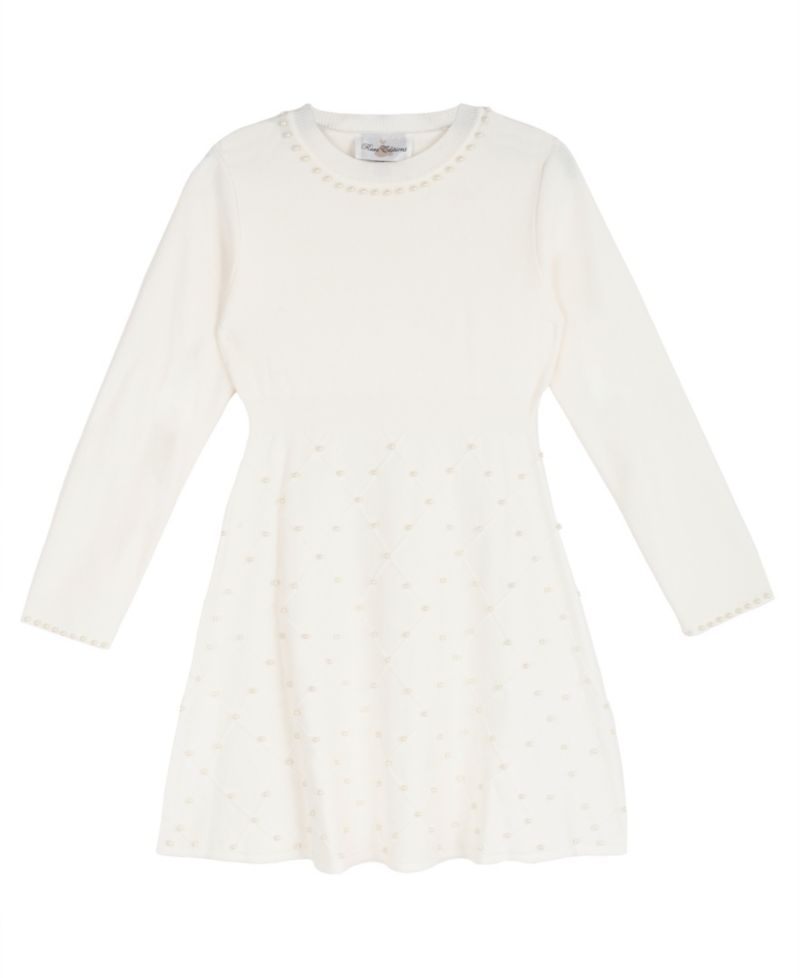 Girls' 7-16 Sweater Knit Imitation Pearl Embellished Long-Sleeve Fit & Flare Dress