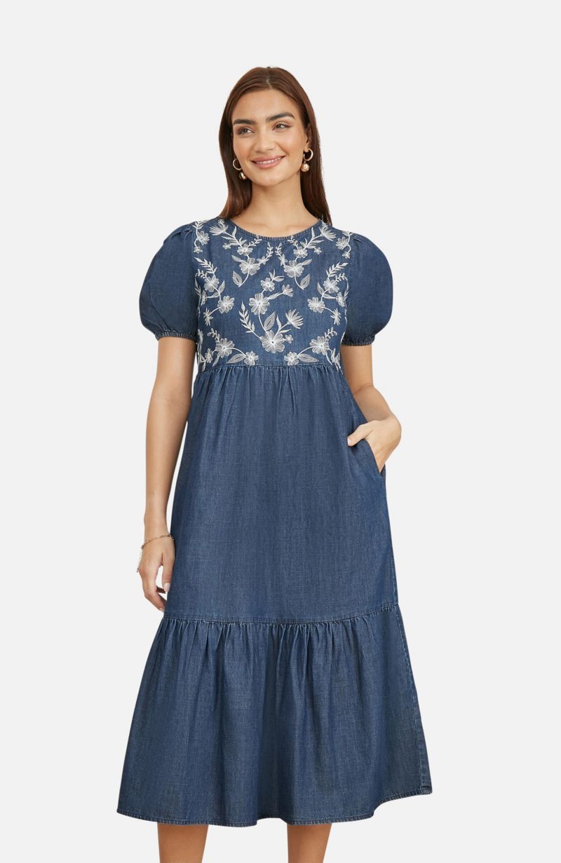 Women's Floral Embroidered Puff Sleeve Dress