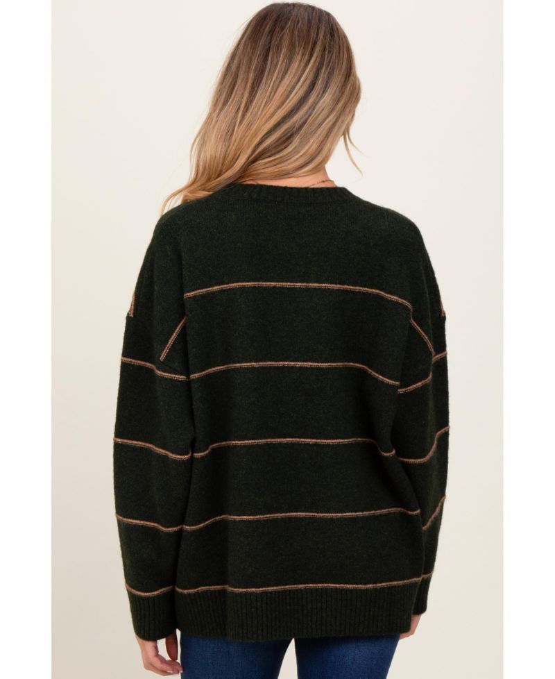 Women's Olive Striped Drop Shoulder Sweater