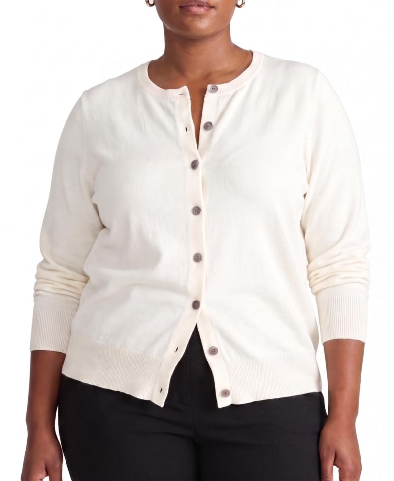 Plus Size Fine Knit Crewneck Cardigan
