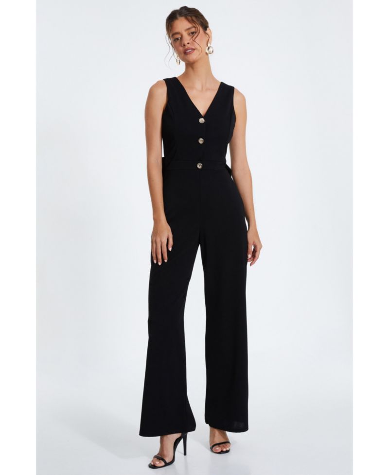 Women's Scuba Crepe Button Front Jumpsuit - Black