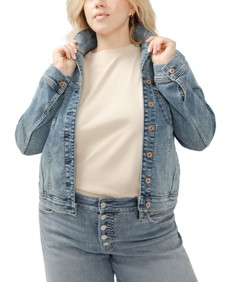 Plus Size Notched Crop Jean Jacket