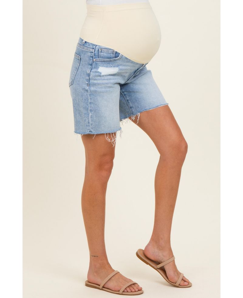 Women's Light Blue Distressed Frayed Hem Midi Jean Shorts