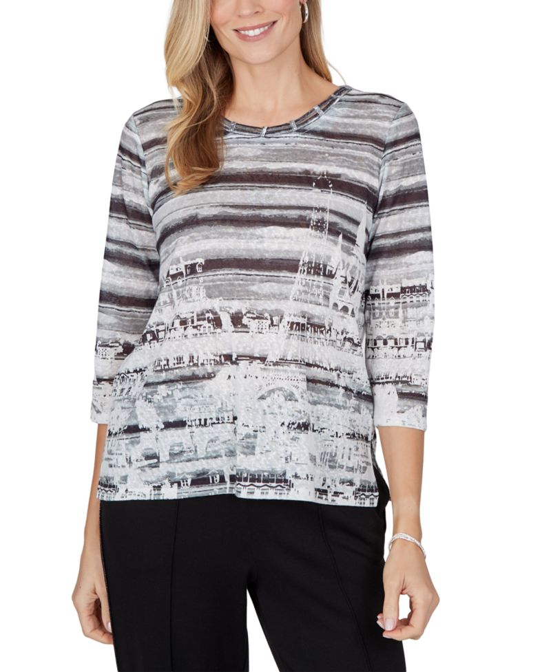 Petite 3/4-Sleeve Crewneck Side-Slit Blouse