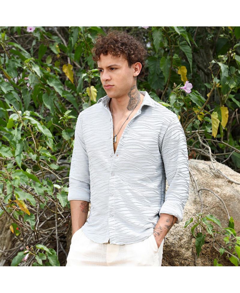 Men's Baby Blue Self-Design Wave Shirt