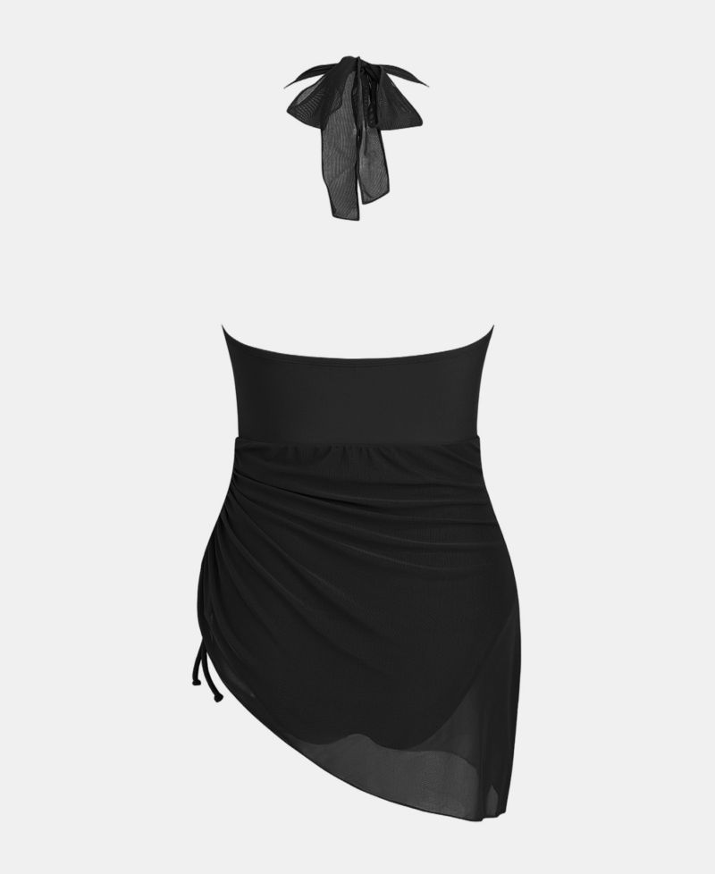 Women's U-Wire Neck Halter Drawstring Mesh One Piece Swim Dress