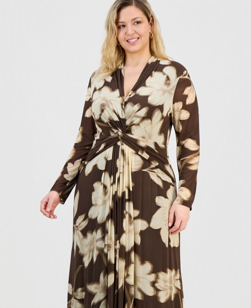 Plus Size Printed Twist-Front Long-Sleeve Mesh Maxi Dress