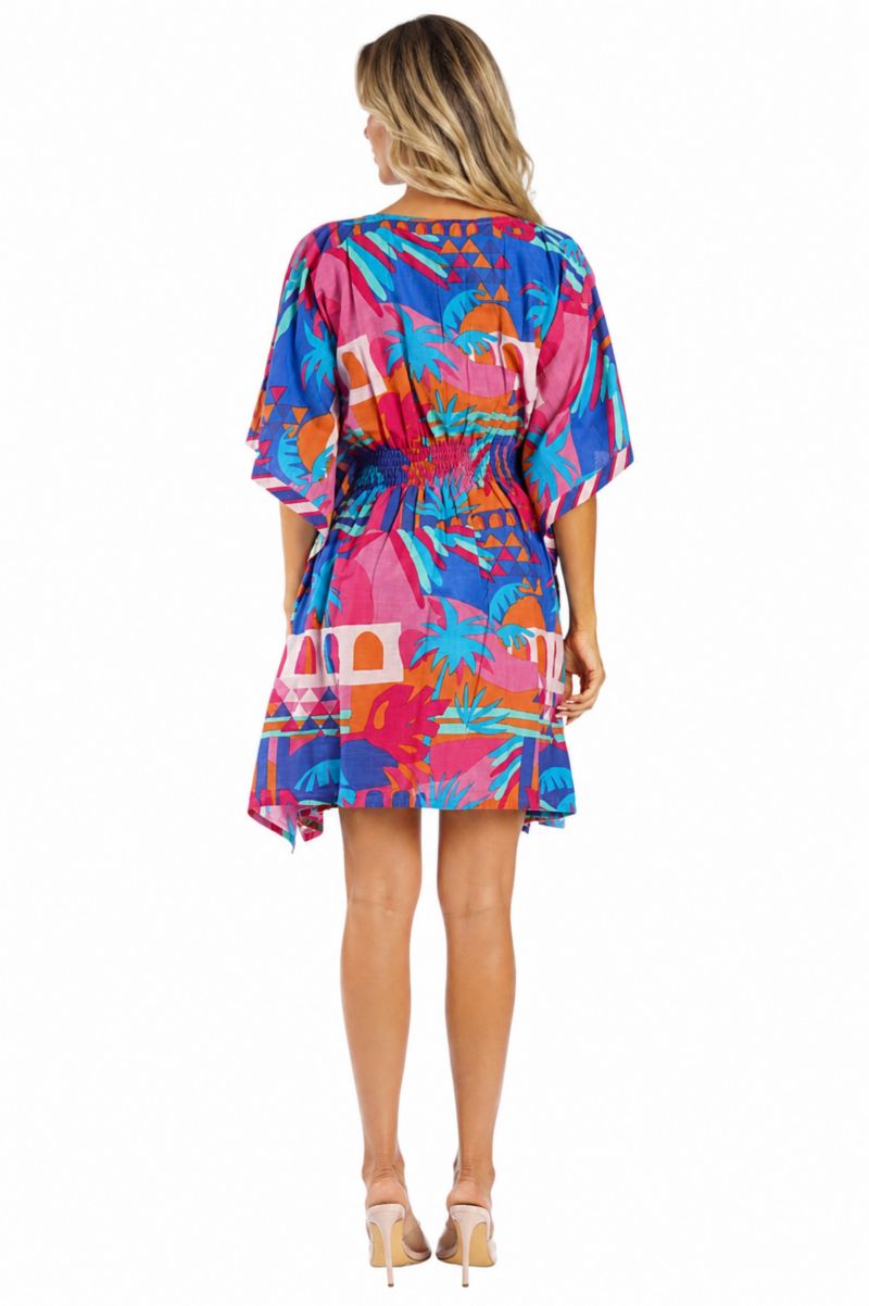 Women's Club Moda Blue Floral V-Neck Mini Dress - Smocked Waist Resort Wear Summer Vacation Dress