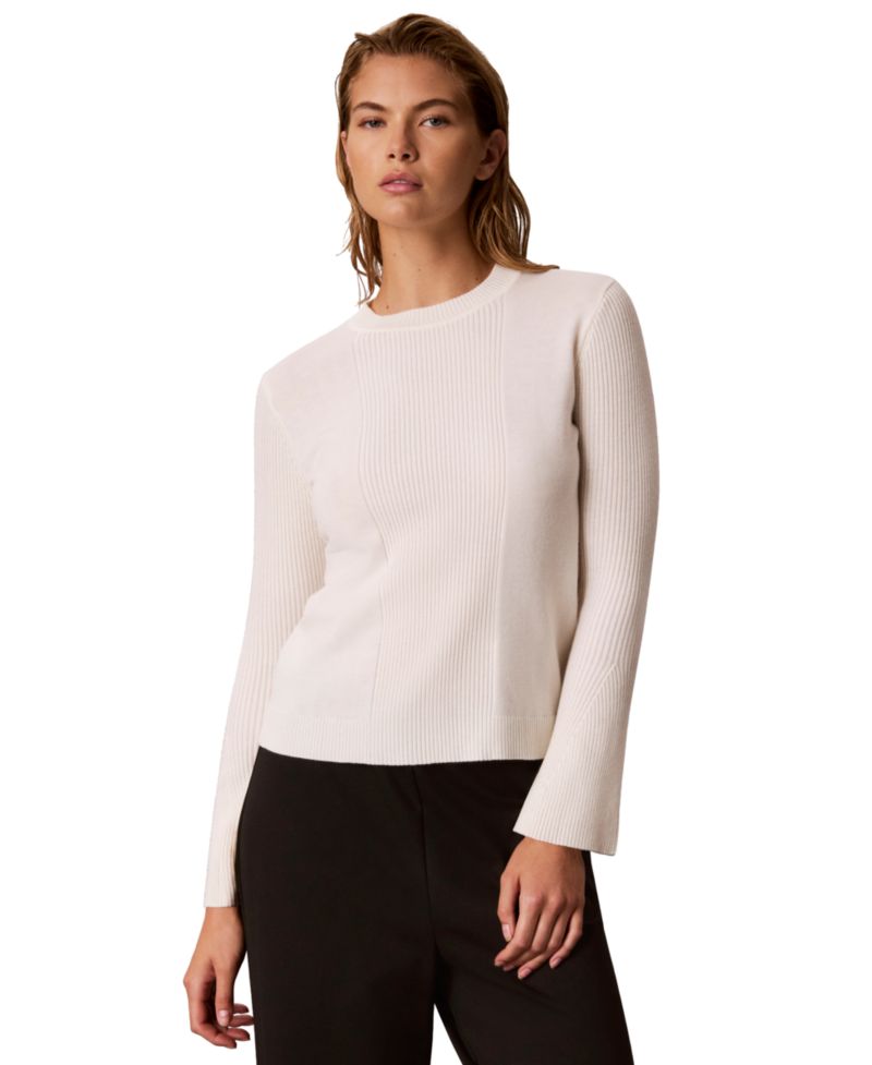 Petite Ribbed Sculpted-Sleeve Crewneck Sweater