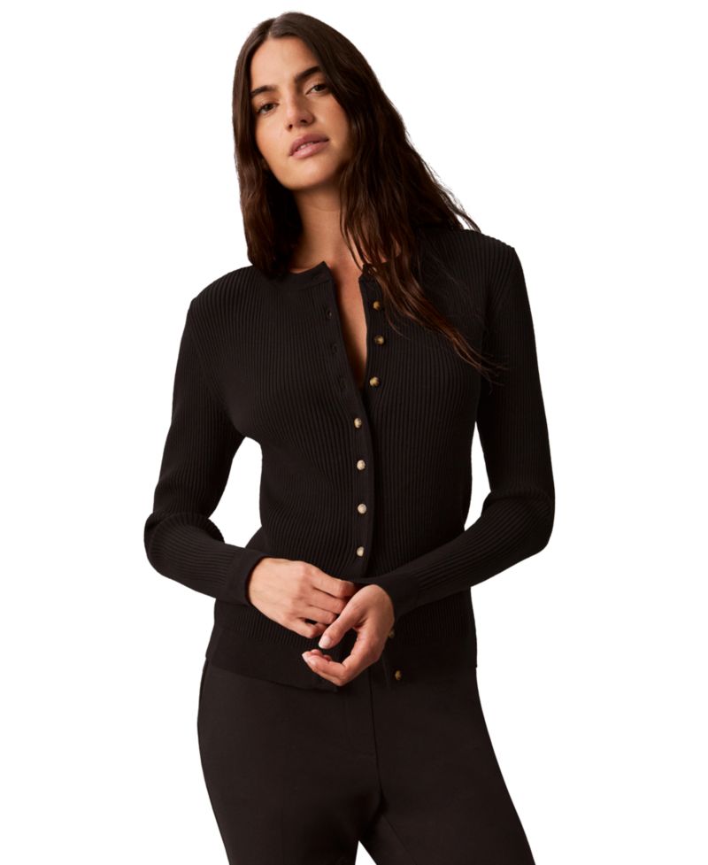 petite Button-Front Ribbed Cardigan Sweater