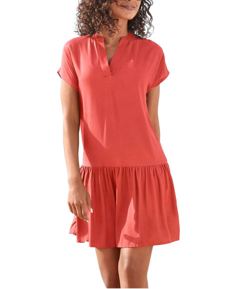 Women's Viscose Printed Flounce Hem Shift Notch-Neck Short Dress