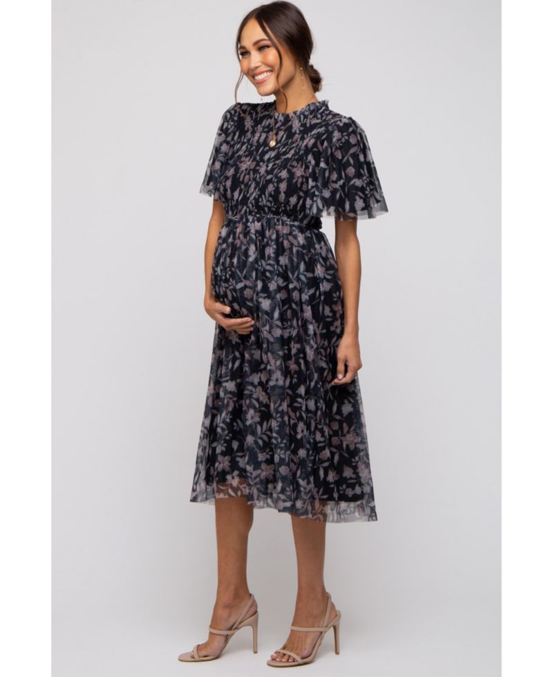 Women's Black Floral Smocked Mesh Knit Midi Dress
