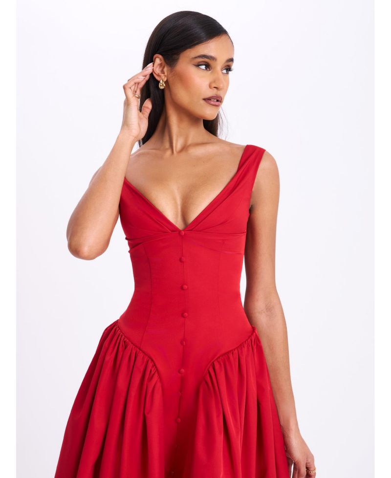 Women's Nahla Red Drop Waist Midi Dress with Buttons